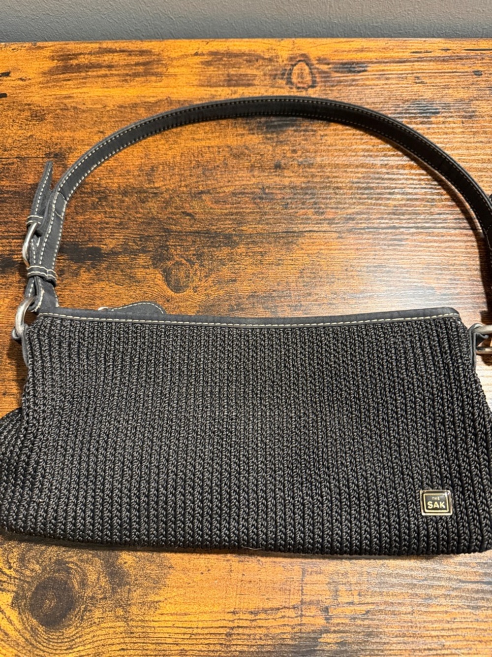 The Sak Black Woven Shoulder Bag with Leather Strap